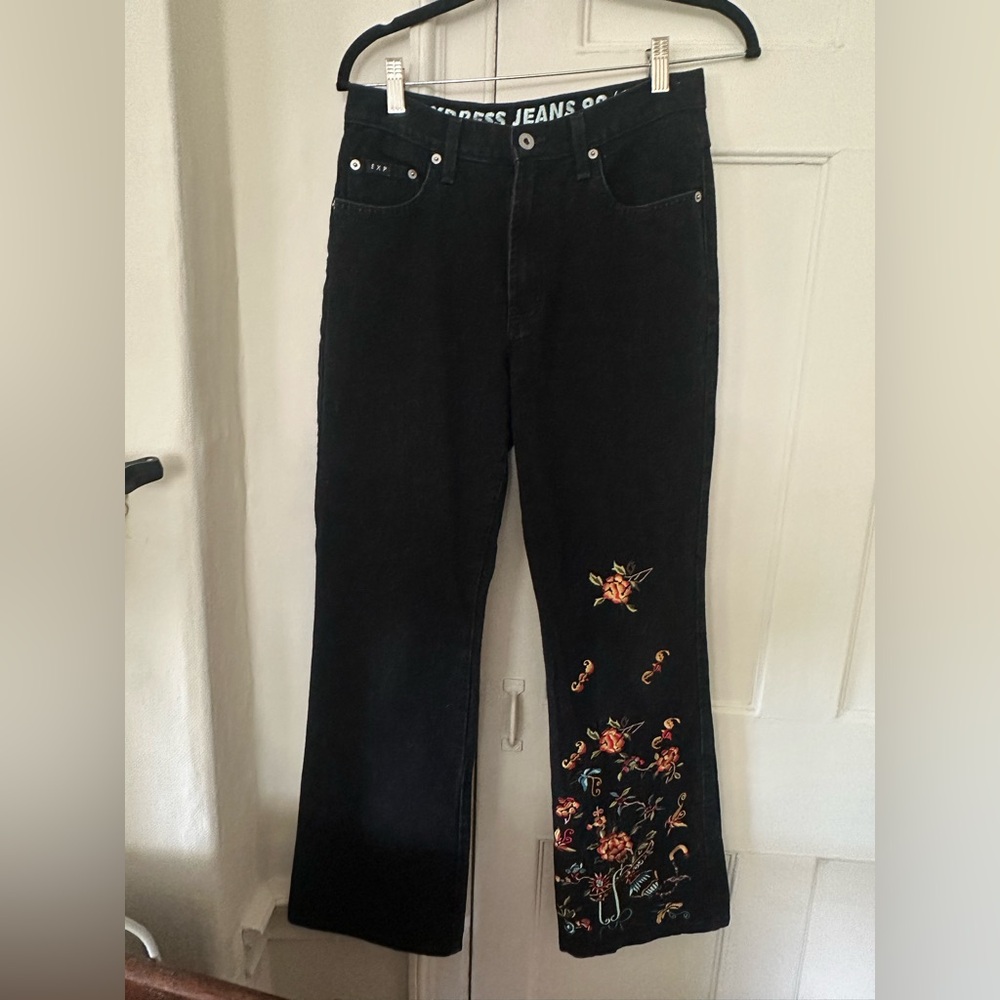 Vintage Express 90s Y2K Black Denim Bootcut Jeans Floral Embroidered 5/6
